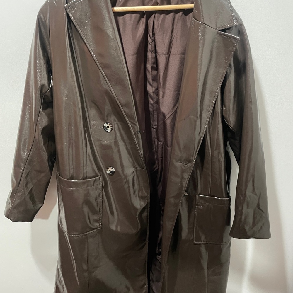H&M patent leather Brown Trench Coat size large